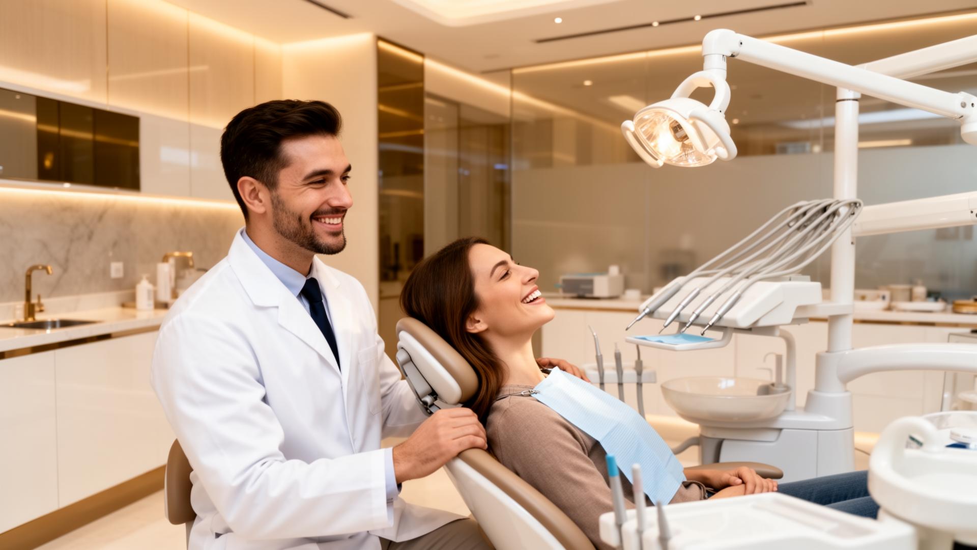 Clínica dental de lujo con dentista profesional y paciente feliz